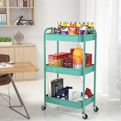 3-Tier Rolling Metal Storage Cart with Wheels, Multi-Functional Organizer for Office, Kitchen, Bathroom, Books Diapers - Easy Assembly (Blue) - color: Blue