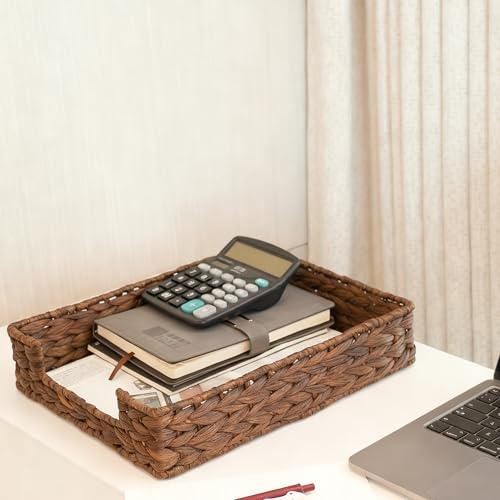 PINXIURY Water Hyacinth Letter Tray for A4 File Desk Mail Letter-Size Paper, Basket Woven Organizer, Magazine Files Storage, Office Document Organizer and Storage, Coffee - color: Coffee