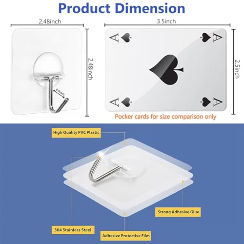 JINSHUNFA Adhesive Wall Hooks 13LB Heavy Duty No Drill Transparent Waterproof Hooks for Bathroom Kitchen Towel Coat 12 Pack - size: 12 Medium hooks