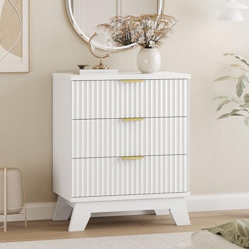 Fluted Dresser for Bedroom with 3 Drawers, 24" Wide Modern Chest of Drawers with Metal Handle, Wooden Dresser TV Stand, Wood Closet Clothes Storage Drawer Organizer for Living Room, Hallway, White - color: White, size: 13.8"D x 23.6"W x 30.5"H (3 Drawers)