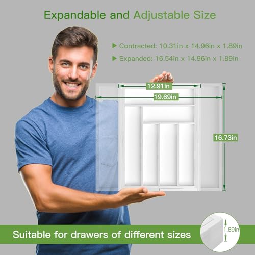 Pipishell Bamboo Expandable Drawer Organizer for Utensils Holder, Adjustable Cutlery Tray, Wood Drawer Dividers Organizer for Silverware, Flatware, Knives in Kitchen, Bedroom, Living Room (White) - color: White, size: Large