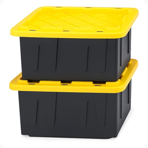 HOMZ 2-Pack Durabilt, Heavy Duty Plastic Storage Bins with Lids, 15 Gallon, Black/Yellow - Stackable Container Boxes for Home, Attic, and Garage Organization - color: Black Base/Yellow Lid, size: 15 Gallon (Pack of 2)