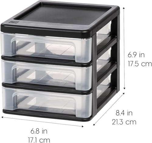 IRIS USA Plastic Stacking Desk Top 3-Drawer Storage Organizer, 4-Pack, for Makeup Vanity Nail Polish Bathroom Stationery Art Craft Supplies Kitchen Office Garage and Small Organization, Small, Black - color: Black, style: Small - 4 Pack