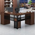HSH Large L Shaped Executive Desk with Drawers, Home Office Metal Wood Computer Desk for Work Writing Study Gaming, Rustic L-Shaped Walnut Desk Table with File Drawer, Storage Cabinet Shelves, 59 in - color: Walnut