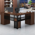 HSH Large L Shaped Executive Desk with Drawers, Home Office Metal Wood Computer Desk for Work Writing Study Gaming, Rustic L-Shaped Walnut Desk Table with File Drawer, Storage Cabinet Shelves, 59 in - color: Walnut