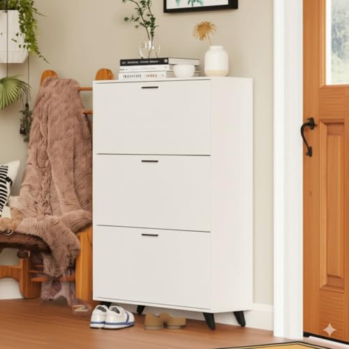 Anystyle White Shoe Storage Cabinet for Large Shoes, 3-Tier Adjustable Flip-Door Organizer, Space-Saving Wooden Cabinet for Entryway, Closet, Living Room, 31.5" W x 49.2" H - color: White