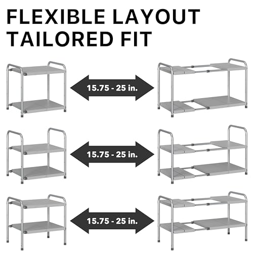 Simple Houseware Under Sink 2-Tier Heavy Duty Expandable Rack Organizer, Adjustable Width 15.75–25 Inches with 4 Shelf Height Levels, Silver - color: Silver