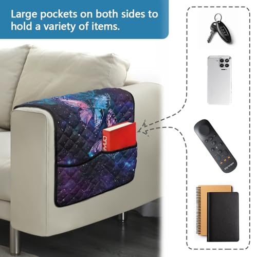 Butterfly Galaxy Print Armrest Covers for Sofa Machine Washable Sofa Armset Organizer with 2 Pocket Storage Water Resistant Furniture Protector for Recliner, Sofa - color: Butterfly Galaxy