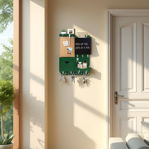 Key Holder Wall Mount， Mail Organizer Key Holder for Wall with Shelf, Drawer, Chalkboard, Corkboard, Home Decor Wall Mounted for Room Entryway (Green) - color: Dark Green, size: Vertical