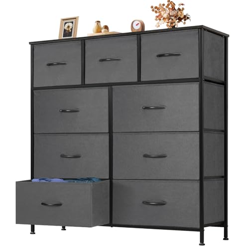 OLIXIS 9 Drawer Storage Dresser with Wood Top - Wide Fabric Chest Organizer for Bedroom, Closet, Living Room,Tower Cabinet, TV Stand, Hallway Entryway Furniture,Heather Gray - color: Grey, size: 11.8"D x 39.6"W x 39.4"H (9 Drawers)