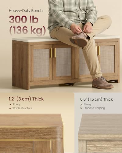 VASAGLE ELLAN Collection - Boho Shoe Bench with Cushion, Entryway Storage Bench with 4 Rattan-Look Cabinet Doors, Rounded Corners, Adjustable Shelf, for Bedroom Under Window, Natural Brown ULSB502KC01 - color: Natural Brown, size: 13.8"D x 47.2"W x 20.9"H