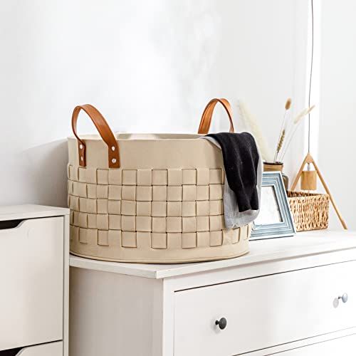 Blanket Basket, BOLDMONKEY 20"x 20"x13" XXLarge Woven Felt Laundry Baskets with Handle Nursery Storage Living Room Round for Toy, Clothes, Kids, Bedroom(Khaki) - color: Khaki