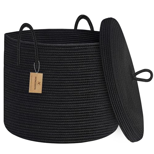 18" X 14" Large Black Basket with Lid, Cotton Rope Storage Basket for Blanket, Toy, Pillow, Towel, Living Room Bedroom Storage Bin, Wicker Woven All Black Organizing Bin with Cover - color: Full Black