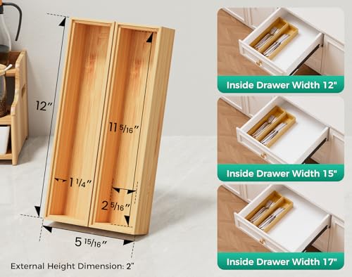 Bamboo Kitchen Drawer Organizer Boxes – 12" x 3" Stackable Wood Silverware Utensil Tray for Drawers Bins, Cutlery & Flatware Storage – Wooden Organizers Set of 2 for Junk Drawer, Bathroom, RV - size: 12" x 3" x 2"