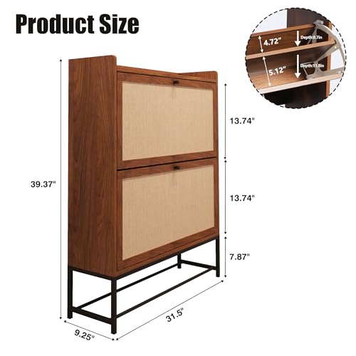 AVZEAR Narrow Shoe Storage Cabinet for Entryway with 2 Flip Drawers, Freestanding Shoe Cabinet with Natural Linen Panel, Slim Wood Shoe Organizer Closed Shoe Rack for Hallway, Foyer(Walnut) - color: Walnut, size: 2 Drawers