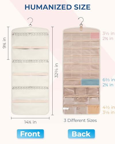 BAGSMART Hanging Jewelry Organizer, Necklace Holder Anti-tangle Earrings Rings Hanger with Pockets Hang on Closet, Wall, Door,1 Piece, Large Beige - color: Beige, size: Large - Standard