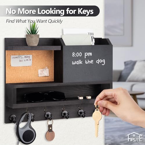 Key Holder for Wall Mount with Mail Organizer, Farmhouse Key Holder for Wall with Shelf, Chalkboard&Corkboard, Entryway Organizer 11 Metal Hooks, Decorative Natural Pine Wood, 14.6*11.1*3.3”, A-Black - color: Black-A