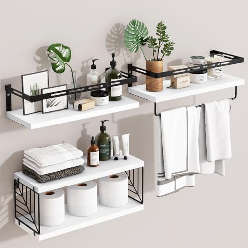 Fixwal Wall Mounted Bathroom Shelves Over Toilet, Rustic Wood Floating Shelves with Metal Frame and Towel Bar for Bathroom, Kitchen, Bedroom, Living Room (White) - color: 4-white