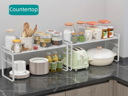 Expandable Cabinet Shelf Organizer Riser for Kitchen Pantry Cupboard Under Sink Countertop,kitchen cabinet shelf (white) - color: White