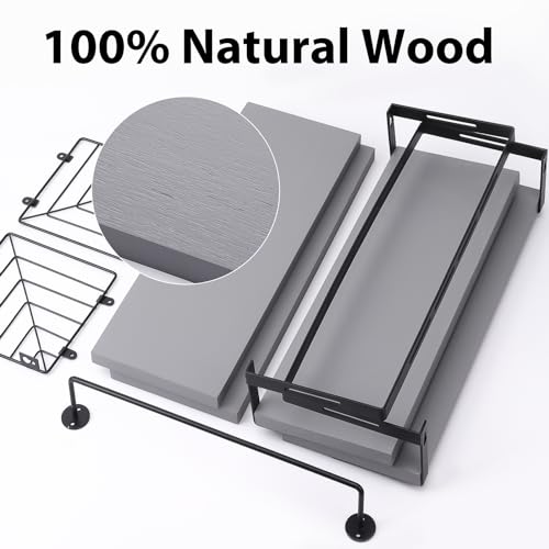 Fixwal 3+1 Tier Wall Mounted Bathroom Shelves Over Toilet, Rustic Wood Floating Shelves with Metal Frame and Towel Bar for Bathroom, Kitchen, Bedroom, Living Room (Gray) - color: 2-gray