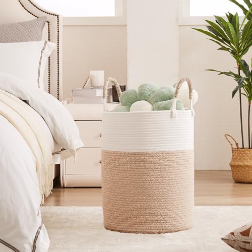 60L Laundry Hamper Basket Tall Woven Cotton Rope Clothes Hamper for Baby Girls Nursery Kids Blanket Basket in Living Room Bathroom Bedroom Brown 15Dx20H Inches Large - color: Brown1, size: Large (60L)