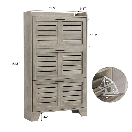 Garvee Shoe Storage Cabinet with 3 Flip Drawers, Freestanding Shoe Organizer Storage for Entryway with 2 Side Hooks, Farmhouse Hidden Slim Narrow Shoe Rack Cabinet, Gray - color: Grey, size: 3-Drawers