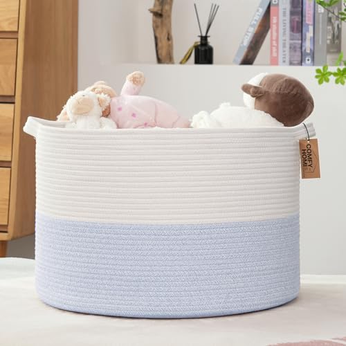 COMFY-HOMI XXXL Large Laundry Basket, Cotton Rope Nursery Woven Basket for Storage, Blanket Baskets Living Room Laundry Hamper, Dog Toy Storage Organizer, Home Decor-21''x21''x13.6''-White/Blue - color: white/bule