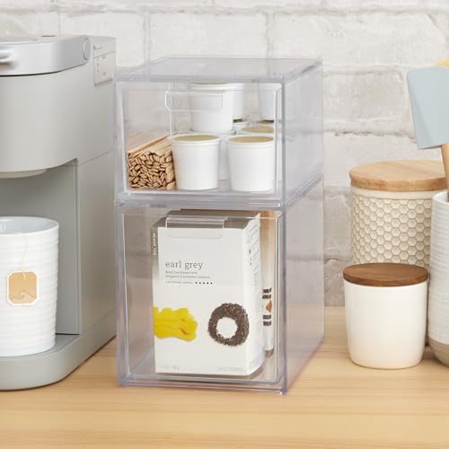 STORi Audrey Stackable Clear Bin Plastic Organizer Drawers | 2 Piece Set | Organize Cosmetics and Beauty Supplies on a Vanity | Made in USA - size: 4.5" and 6.75" Tall Set