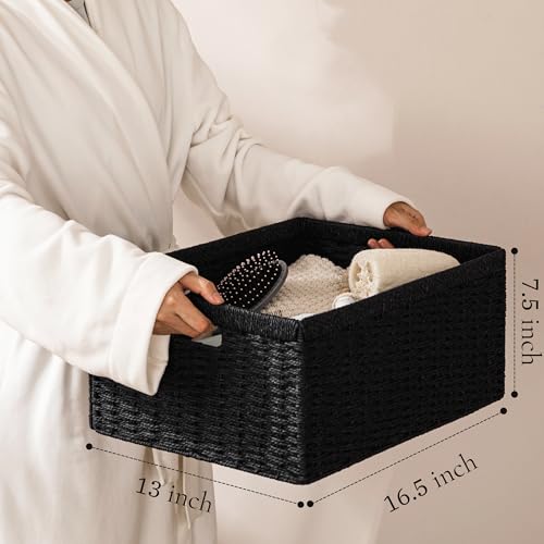 UBBCARE 2 Pack Wicker Basket, 16.5L×13H×7.5W inch Woven Paper Rope Storage Baskets for shelves, Foldable Rectangular Storage Baskets with Handle, Storage Basket for Organizing, Black - color: Black, size: 2pack Large