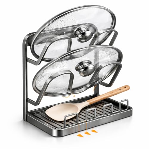 NUOREEL Kitchen Pot Lid Organizer, Extra-Wide Kitchen Pot Lid Storage Rack for Bigger Lids, Heavy-Duty Carbon Steel Frame with Reinforced ABS Base, Fits 30–32cm Lid (Gray) - color: Gray