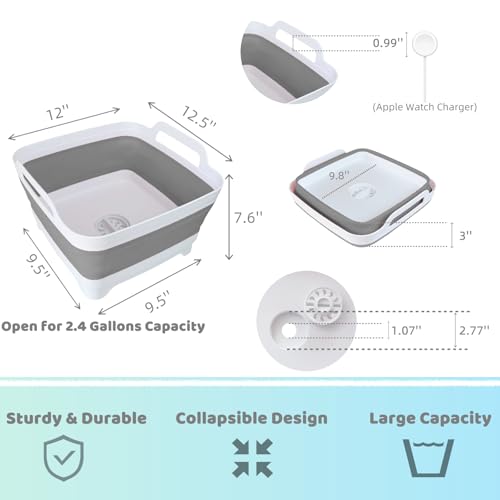 GIMWA Collapsible Wash Basin with Drain Plug - 2.4 Gallon Foldable Kitchen Sink for Baby Bottles, RV Camping, Space-Saving Dish Tub (Gray) - color: Gray