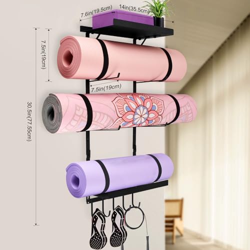 Yoga Mat Holder Wall Mount, Yoga Mats Rack with Double Floating Shelves, Yoga Accessory Storage Rack with 5 Hooks for Resistance Bands and Workout Equipment for Home Gym Storage, Black