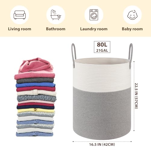 OIAHOMY Large Laundry Basket Hamper - 80L Cotton Rope Woven Basket for Blankets, Toys, Clothes - Tall Decorative Nursery Hamper with Long Handles, Grey/White - color: Grey/White, size: 80L