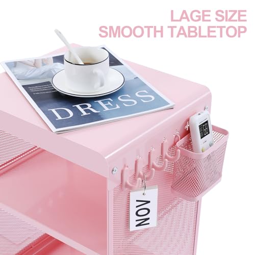 SYKIARIOL Kids Nightstand with Storage & Hooks, Cute Pink Bedside Table for Girls, Small Toddler Night Stand for Bedroom - color: Classic Pink
