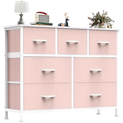 OLIXIS 7 Drawers Dresser for Bedroom, Fabric Storage Tower for Living Room, Entryway - Sturdy Steel Frame, Wooden Top and Easy Pull Fabric Bins, Closet Chests Organizer for Clothes,Pink - color: Pink, size: 11.8"D x 39.4"W x 30"H (7 Drawers)