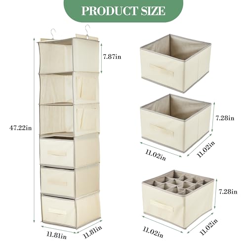 Garvee Hanging Closet Organizer with Drawers, 3-Tier Non-Woven Fabric Storage Shelves, Foldable Closet Organizer for Bedroom, 11.8x11.8x47.2 Inches, Beige - color: Grey