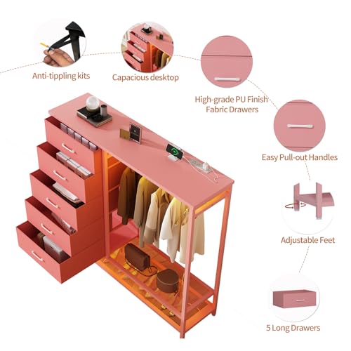 Dresser for Bedroom, Dresser with Hanging Rack Led Lights and Charging Station, Tall Dresser with 5 Fabric Chest of Drawers with PU Finish Storage Organizer, for Living Room Kids Room Closet, Pink - color: Pink