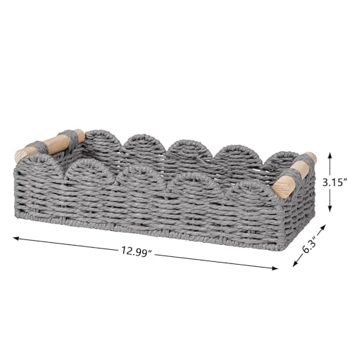 CubesLand Toilet Paper Storage Basket Organizer, Small Wicker Toilet Tank Top Decorative Baskets for Countertop, Handwoven Scalloped Basket w/handle for Home Decor, Living Room, Bedroom, Grey - color: Grey, size: S - 12.99"L x 6.3"W x 3.15"H