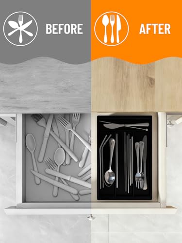 Silverware Drawer Organizer Tray, Adjustable Small Utensil Holder for Spoon and Fork, Expandable Flatware Cutlery Tray for Kitchen Drawers (Black) - color: Black