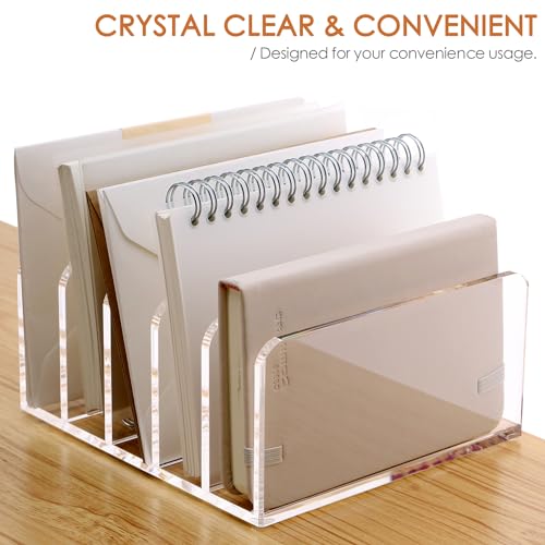 SANRUI Acrylic Desk Organizer, 5 Compartments Mail Organizer,Small File Holders Letter Organizer,Clear Office Organization,Multifunction Sorter Envelope Rack for Office,Home, School - style: 5 Sections