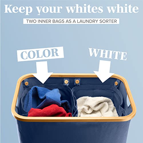 LONBET Laundry Basket with Lid, Made from Breathable Fabric | Aesthetic Clothes Hampers for Laundry with Side Handles & Sturdy Bamboo Frame (40 Gallons - Double, Blue) - color: Blue, style: 40 Gallons - Double