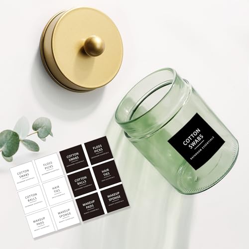 Amolliar Sage Green Apothecary Glass Jar With Metal Lid & Stickers, Bathroom Qtip Holder Storage Canister, Farmhouse Decor for Cotton Balls, Cotton Swabs, Round Pads, Bath Salt, Floss,Gold 4 Pack - color: Green-Gold Lid