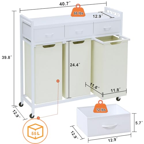 Timberer Laundry Hamper, Laundry Sorter 3 Section, Rolling Laundry Basket with Wheels, 3 Drawers, 3 × 14.5 Gal (55 L), Pull-Out and Removable Oxford Fabric Bags, White and Beige - color: White + Beige, size: 3 Bags (40.7"L x 12.9"W x 39.8"H)