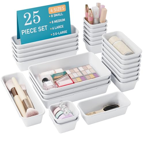 Kutesna 25 PCS White Drawer Organizer Set, 4 Size Interlocking Plastic Storage Bins for Office Supplies, Jewelry Makeup Vanity, Bathroom Kitchen, Home Organization Closet, Gadgets Small Items - color: White