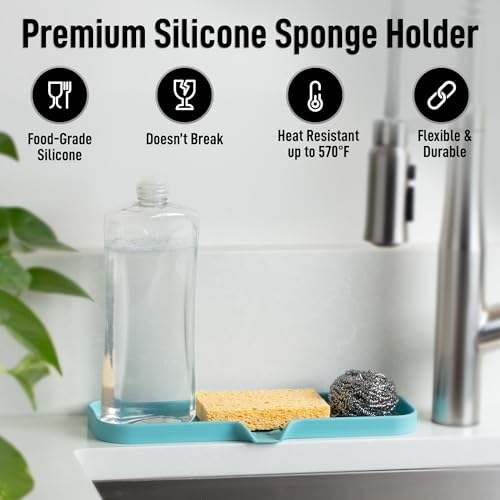 Zulay Kitchen Large Silicone Sponge Holder (12x4) – Flexible Sink Organizer Tray for Kitchen & Bathroom – Multipurpose Soap Dish for Sponges, Makeup, Trinkets & More (Aqua Sky) - color: Aqua Sky, size: Large (12x4)