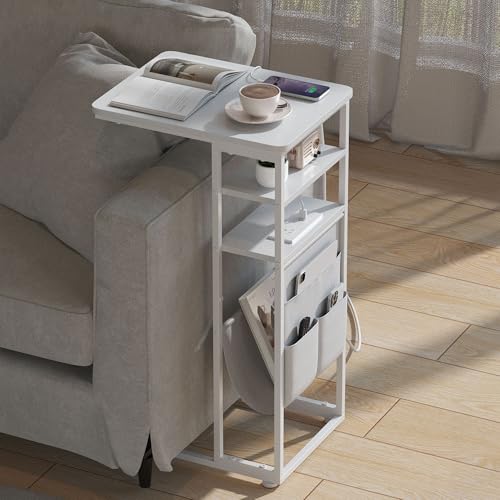 C Shaped End Table with Charging Station, 28"(H) 3-Tier C Table with Storage Bag, Under Couch Table C-Shaped End Table with Storage Shelves and Bag for Living Room, Bedroom, or Office - color: White, size: Wood--with Socket