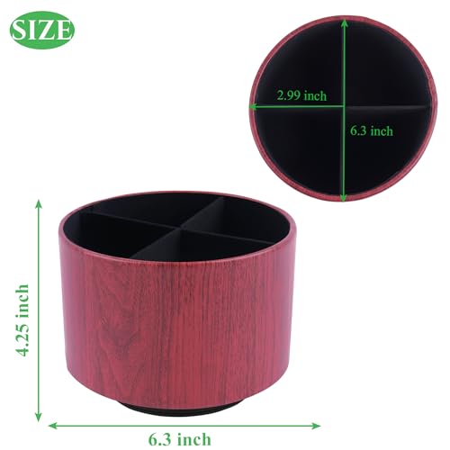 Round Leather Art Supply Organizer,Remote Control Holder,360 Degree Spinning,Multi-Functional Pencil Holder,4 Compartments Desktop Stationary Organizer(1-Thin Wood Red Brown) - color: 1-Thin Wood Red Brown