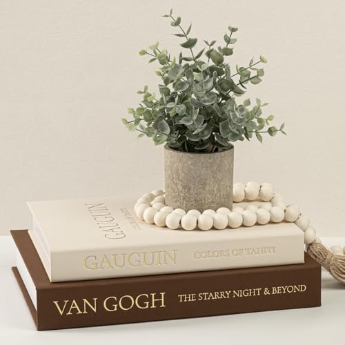 Decorative Books for Home Decor - Stackable Faux Book Box for Coffee Table Styling & Hidden Storage - Neutral Linen Fake Books as Display Riser for Shelf & Entryway (Set of 2, Van Gogh Art) - color: Beige-Brown