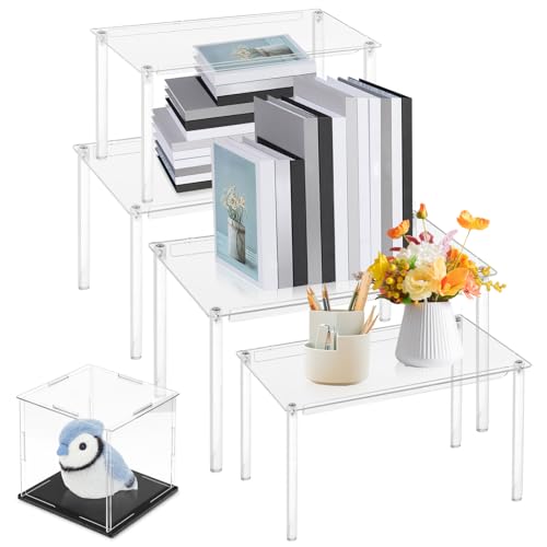 Clear Cabinet Organizer, 4 Pack Acrylic Cabinet Organizer and 1PC Acrylic Display Box, Stackable Spice Rack Organizer Shelf for Kitchen Dishes, Spices, Soda Cans and Bottles