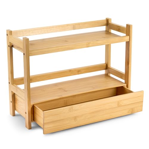 Sorbus Bamboo Bathroom Counter Organizer – 2-Tier Shelf with Hidden Drawer for Vanity, Matcha Station, Bathroom Sink Organizer Countertop, Kitchen & Office Storage (17″ L x 6.5″ W x 12.6″ H) - color: Natural Bamboo, size: 17" x 6.5" x 12.6"